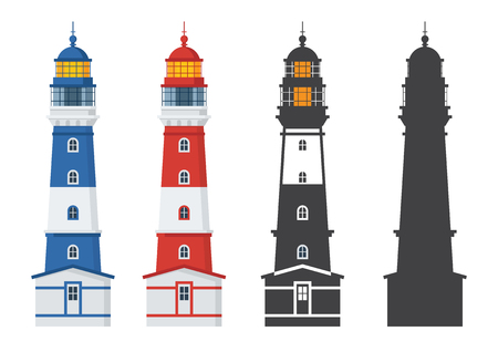 Blue and red striped lighthouse icon in different styles. Sea guiding light houses in flat and outline design. Searchlight or beacon cartoon illustration and silhouette.の写真素材