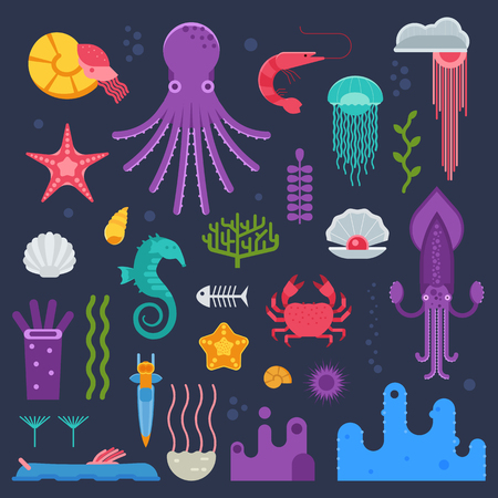 Marine invertebrates, mollusks and jellyfishes set. Ocean exotic underwater animals and deep sea creatures collection in flat design.のイラスト素材