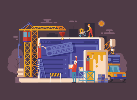 Website under construction concept background in flat design. Maintenance page or 404 error vector illustration with house building site, builders, civil engineer, crane and laptop. Web banner.のイラスト素材