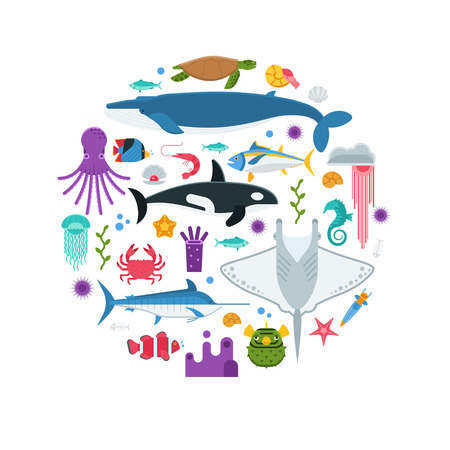 Underwater animals and sea creatures background stylized in circle. Ocean and marine fishes and other aquatic life collection. Concept card or hero image with ocean inhabitants vector illustration.のイラスト素材