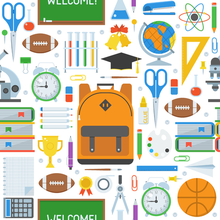 Basic education concept. Back to school pattern with study and learning icons and stationery elements.のイラスト素材