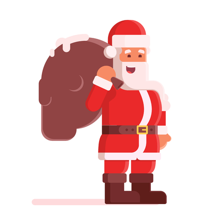 Happy laughing Santa Claus with bag in traditional red costume. Cartoon Santa isolated on white .のイラスト素材