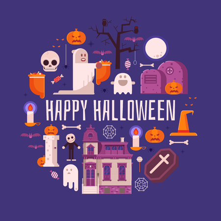 Happy halloween card with old haunted house with ghosts, tombs, bats and pumpkins. Halloween icons and gothic elements stylized in circle. Background or banner horror tale concept illustration.のイラスト素材