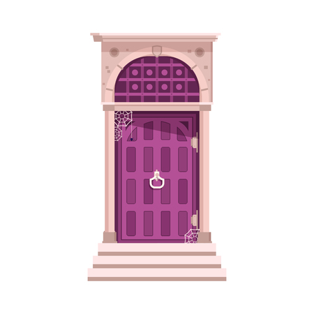 Old victorian front door and porch isolated on white background. Entrance with doorknocker to abandoned house with spider web.のイラスト素材