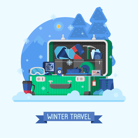 Winter suitcase full of vacation clothes and things for wintertime holidays. Open suit case on mountain ski resort with sport stuff for trip. Packing luggage for travel concept vector illustration.のイラスト素材