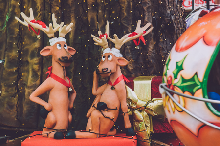Ghent, Belgium - January 1th, 2017. Gent city christmas decorations during winter festival in Flanders. Santa deers in city center.のeditorial素材