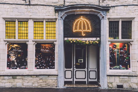 Ghent, Belgium - January 1th, 2017. Gent umbrella shop showcase with christmas decorations during winter festival in Flanders.のeditorial素材