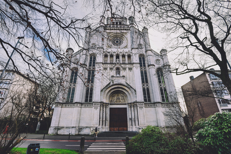 January, 3th, 2017 - Ghent, East Flanders, Belgium. White Saint Anna church facade in Gent also known as Sint- Annakerk built in eclectic style with gothic ornaments.のeditorial素材