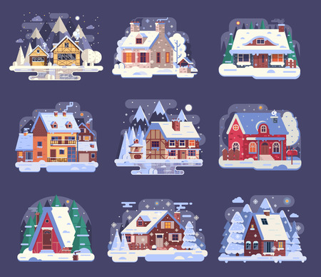 Winter country houses and cabins collection. Cartoon snow homes and rural cottages set. Including wooden chalet, mountain lodge, half-timbered mountain house snowy buildings by night in flat design.の写真素材