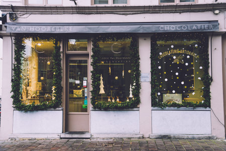 Ghent, Belgium - January 1th, 2017. Gent chocolate shop showcase with christmas decorations during...