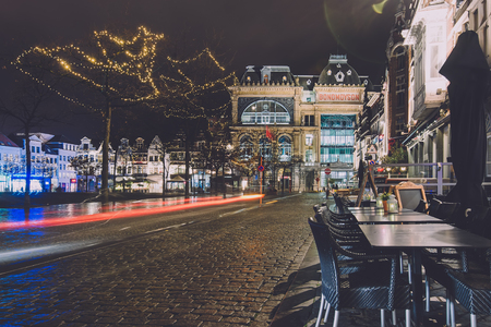 January, 3th, 2017 - Ghent, East Flanders, Belgium. Socialist guild Hall Bond Moyson and christmas illumination on Friday market in Gent during winter festival by night.のeditorial素材