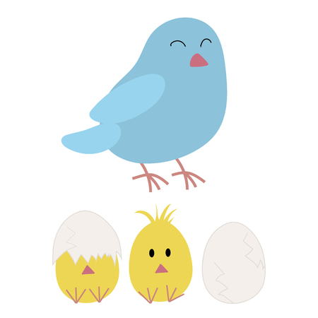Easter bird mother and her chicks hatching from the eggs. Bluebird and chicken illustration in cute and childish style.のイラスト素材