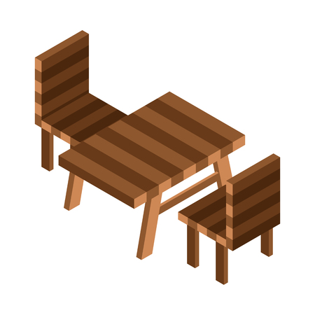 Camping or picnic table isometric icon. Rest area illustration with garden wooden table and chairs in isometry style.のイラスト素材
