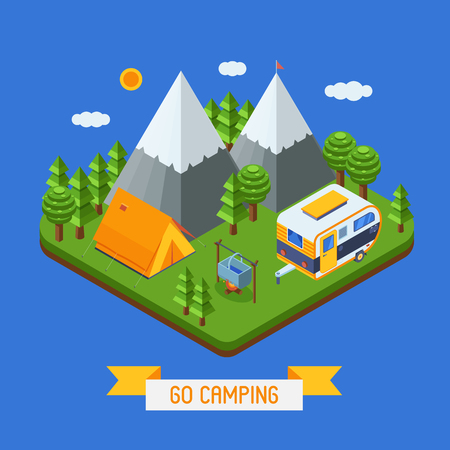 Mountain camping isometric landscape. Campsite place with camper trailer, tourist tent and campfire. National park land in isometry style. Summer camp adventure and RV trailering concept in 3d.のイラスト素材