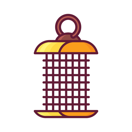 Hanging bird feeder for seeds and nuts. Feeding birdhouse for garden and wild birds. Metal caged feed tube icon or logo template.の写真素材