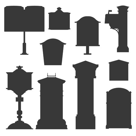 Vintage street english post boxes and mailboxes icons. Outline monochrome classic mail letterboxes silhouettes. Mailing and correspondence receiving logo templates.の写真素材