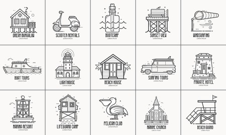 Beach resort logo and labels collection. Seaside town places and infrastructure icons for tourist travel agency UI applications. Summer sea vacation icon set in line art. Logotype templates.の写真素材