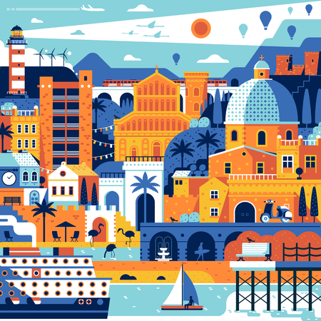 Summer travel island landscape inspired by Cagliari, Sardinia. Abstract sea mediterranean town poster with beach town, cruise ship and lighthouse. Romantic seaside coast italian city concept print.の写真素材