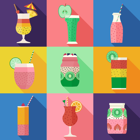 Smoothies and fruit cocktails long shadow icons. Juice bar or restaurant healthy detox, raw menu elements. Summer vegan cocktail set with refreshing shakes. Soft drinks, vitamin and sport nutrition.の写真素材