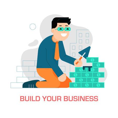 Build your business concept with businessman or manager building money wall construction. Smiling male character growing business UI illustration. Successful startup or career development.の写真素材