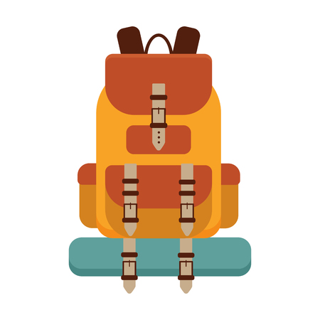 Large hiking backpack in flat design. Tourist rucksack with sleeping bag. Camping backpack vector illustration. Hiking bag icon.の写真素材
