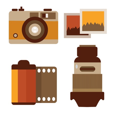 Vintage photography equipment with compact retro analog camera, photo film, objective lens and pictures. Photographing elements set for traveling isolated on white background.の写真素材