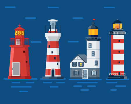 Red lighthouse set. Sea guiding light houses buildings. Pharos or beacon collection. Searchlight towers of different types in flat design.の写真素材
