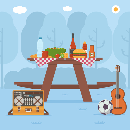 Summer wooden picnic table on forest background. Family barbecue concept with picnic party stuff. Guitar, straw basket, wine and food for outing on public park.のイラスト素材