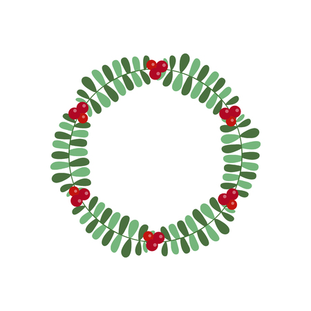 New Year and Christmas wreath flat design icon isolated on white background. Natural holiday wreath with red holly berries and leaves.のイラスト素材
