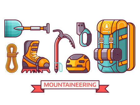 Climbing and mountain hiking icon set with professional mountaineering equipment. Summer alpinist expedition and adventure elements and essentials. Climb and hike icons in line art.のイラスト素材