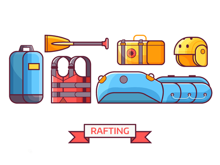 Rafting icon set with water hike equipment and gear. River hiking or boating elements. Such as inflatable boat, paddle, life jacket and helmet. Summer adventure equipment icons.のイラスト素材