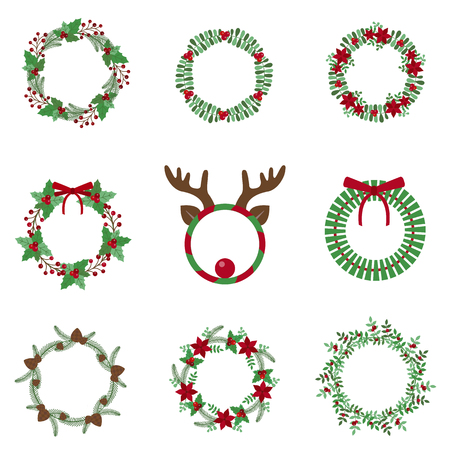 Christmas decoration wreath set with winter flower elements and fir cones. Christmas and New Year holiday celebration round plant garlands with mistletoe, holly berries, fir branches and ribbon bows.のイラスト素材