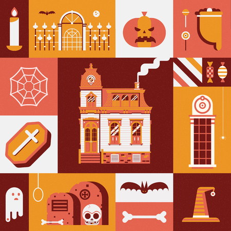 Vintage halloween card with old haunted house, trick or treat bag, scary ghost and other traditional spooky symbols. Halloween night poster or book cover template.の写真素材