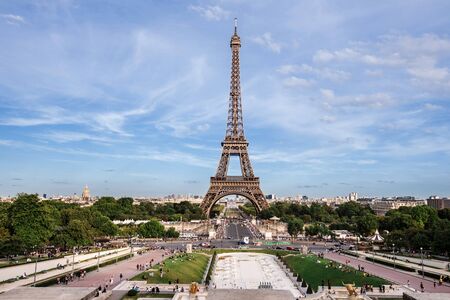 Paris, France - August 14, 2017. View of Eiffel Tower monument, Paris skyline and Trocadero gardens from Trocadero palace by summer.のeditorial素材