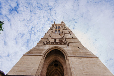Paris, France - August 16, 2017. Saint-Jacques Tower on Rue de Rivoli built in flamboyant Gothic style. Historic meeting point for pilgrims starting their Camino de Santiago.のeditorial素材
