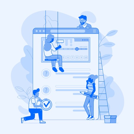 Making client survey concept in flat design. Team of people creating test application form or questionnaire for marketing research. Teamwork over user experience exploration UI illustration.の写真素材