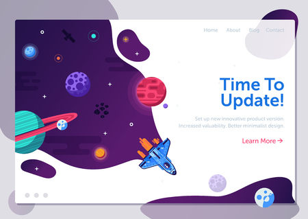 Product update illustration with space shuttle. Business start up or project launching web banner with rocket ship. Explore new horizons or version upgrade concept with spaceship flying in galaxy.のイラスト素材