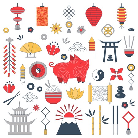 Chinese New Year set with pig zodiac 2019 symbol, asian lanterns, coins, fireworks, firecrackers, yin yang sign, flowers and traditional ornaments. Collection of elements for China Spring Festival.のイラスト素材