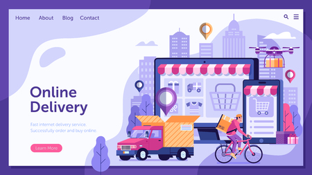 Online delivery service landing page with dron, courier on bike and delivery van with box. Internet shipping web banner with modern city. Transportation and logistic digital shopping ad concept.のイラスト素材
