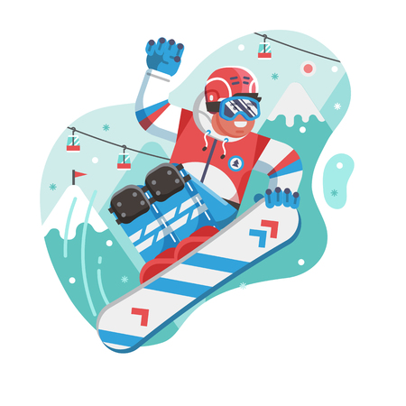 Smiling cross country snowboarder jumping on ski resort background. Freeride snowboard man character in motion concept scene. Mountain freestyle skier jump on snow hill.のイラスト素材