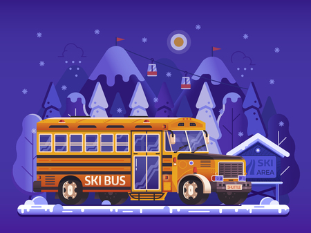 Ski resort yellow shuttle bus, snowy mountain peaks and funiculars in gradient flat design. Skiing center hotel transport concept. Hop on skibus service gets to slopes for winter holidays vacation.のイラスト素材