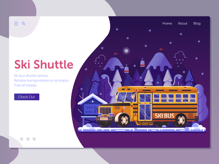 Ski resort landing page template with yellow shuttle bus, snowy peaks and funiculars in gradient flat design. Winter holidays in mountains web banner with hotel skibus service gets to slopes.のイラスト素材