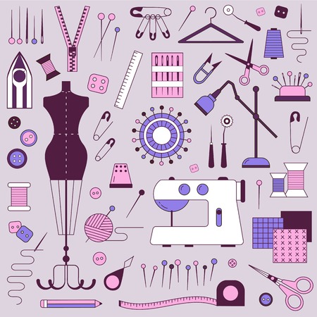 Sewing and dressmaking equipment and handcraft supplies elements set. Tailor needlework accessories with mannequin, spool of thread, needle, scissors, fabric, pincushion with pins, sewing machine.のイラスト素材