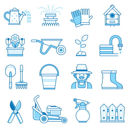 Spring gardening icon set with farm tools and equipment. Growing plants elements collection with gardener, grass-cutter, wheelbarrow and other garden icons. Springtime gardening objects in line art.のイラスト素材