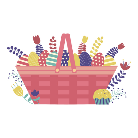 Wicker Easter basket filled with colored ornamented eggs, flowers, leafs, twigs, berries and other egg hunt symbols. Spring festive traditional straw basket icon.のイラスト素材