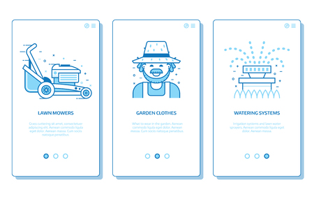 Lawn and garden services onboarding app screens with lawn mower, gardener and irrigation icons. Gardening and landscaping application vertical web banners in line art.のイラスト素材