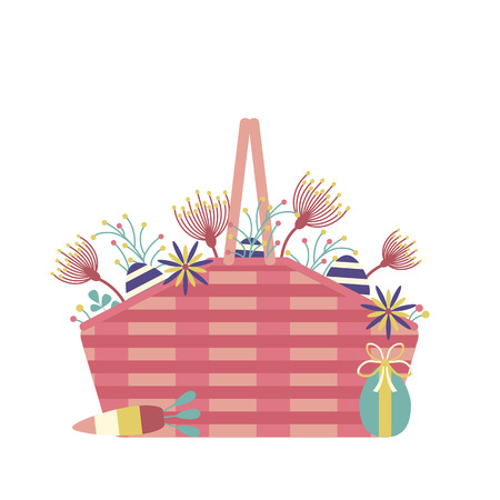 Wicker Easter basket filled with colored ornamented eggs, flowers, leafs, twigs, berries and other egg hunt symbols. Spring festive traditional straw basket icon.のイラスト素材