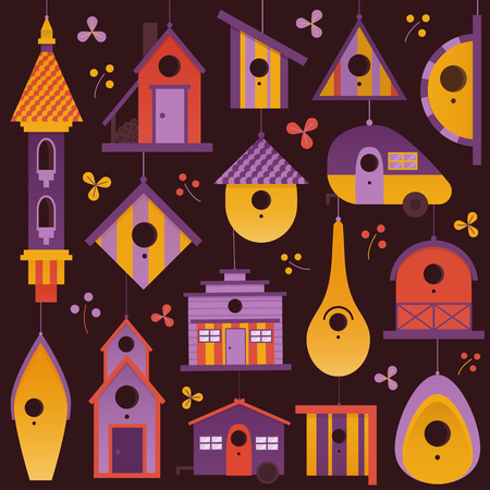 Decorative wooden spring bird house icons set. Hanging nesting boxes collection for garden and home decor in flat design. Colorful garden birdhouses for feeding birds.のイラスト素材