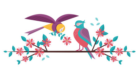 Cartoon Spring Birds Couple In Love On Blooming Tree Brunch Boy