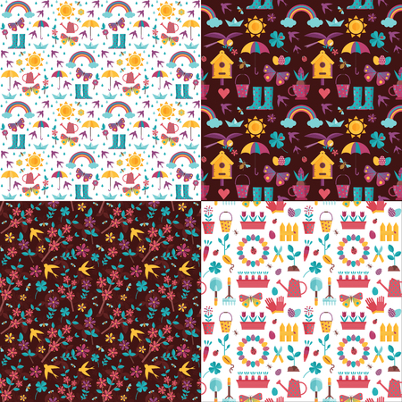Spring pattern set with blooming sakura, birds, rainbow, umbrella, bird house and gardening icons. Springtime seamless backgrounds for wrapping paper or print with seedling and landscaping elements.の写真素材